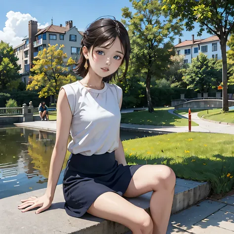 sitting on the bollard, spread her legs, all sorts of pattern of casual dress, tiny earrings, sweat, joying smile, her hand is on her groin, in the park, pond, bridge, big sky, buildings, light-makeup,