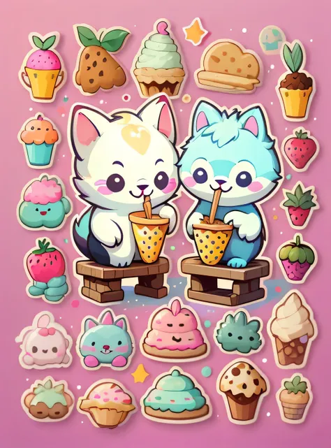 Adesivos individuais， 1 adesivo， （sorvete），（biscoitos），  fundo rosa， Nada de fundo， fundo simples， I dont know， adorable， cor pastel， estilo vetorial， sem gradiente，refinamento。Frutas diversas，Todos os tipos de animais bonitos