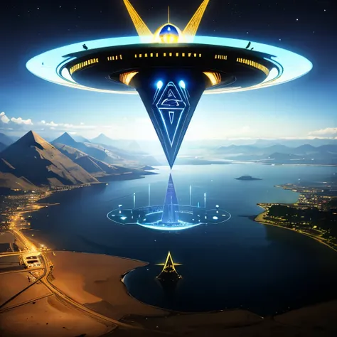 Eye of horus and ra subterfuged together as they hover above a futuristic version of the nile river with pyramids and sand in the distance blurred by the hovering of an alien space craft
Duper futuristic scene 