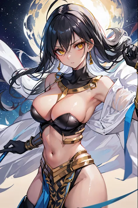 (masterpiece), best quality, expressive eyes, perfect face, highres, (female1.5), 1 girl, solo, ozymadias (fate), yellow eyes, dark-skinned female, hair between eyes, ahoge:1.4), black hair, black gloves, white cape, earrings, jewelry, black gloves, golden...