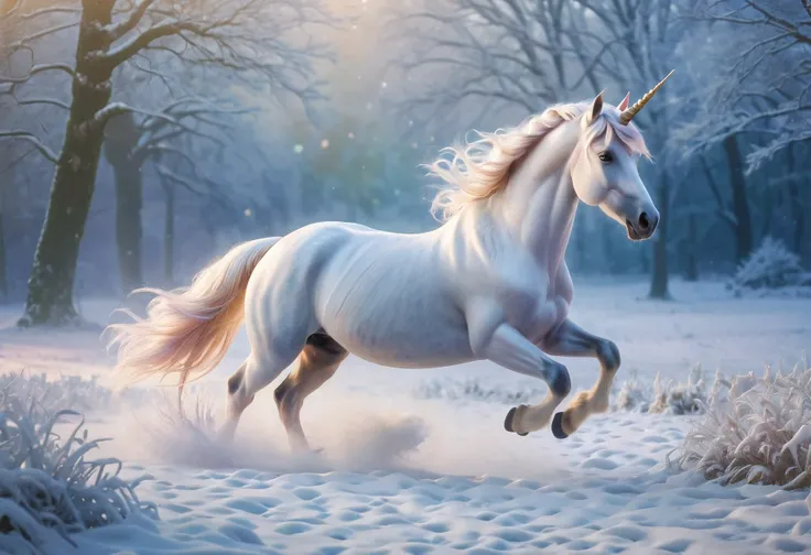 (best quality,4k,8k,highres,masterpiece:1.2),ultra-detailed,(realistic,photorealistic,photo-realistic:1.37),wide shot,magical unicorn,galloping,field of snow,snow splashes,pretty female,maiden robe,riding,sparkling snowflakes,vibrant colors,ethereal atmosp...
