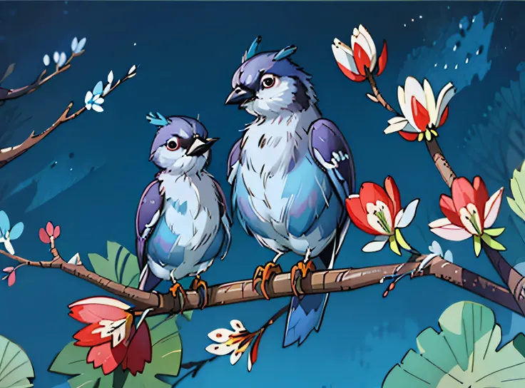 adorable blue jay in a tree covered in flowers, Greg Rutkowski, uau, Android Jones, Moinhos Russ, James Jean, Sui Ishida, Edwin Landseer, Eduardo Paolozzi, Polychromatic, ultra_detalhado, ultra_qualidade, sociedade cg, intricately detalhado, profundidade d...