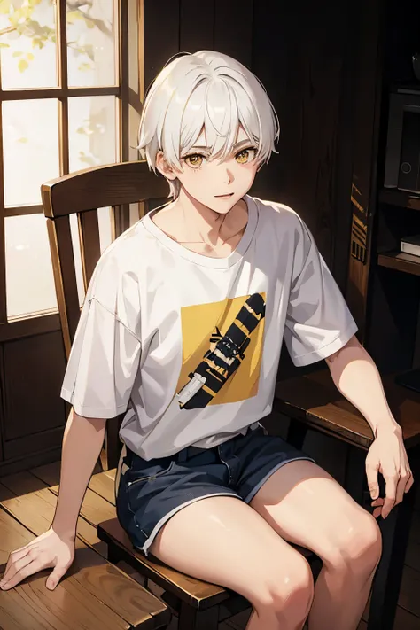 realistic anime, Young boy teen with white hair, yellow eyes, wearing a t-shirt, sitting on a wooden chair smiling sweetly, 4k quality, realistic, HD quality 