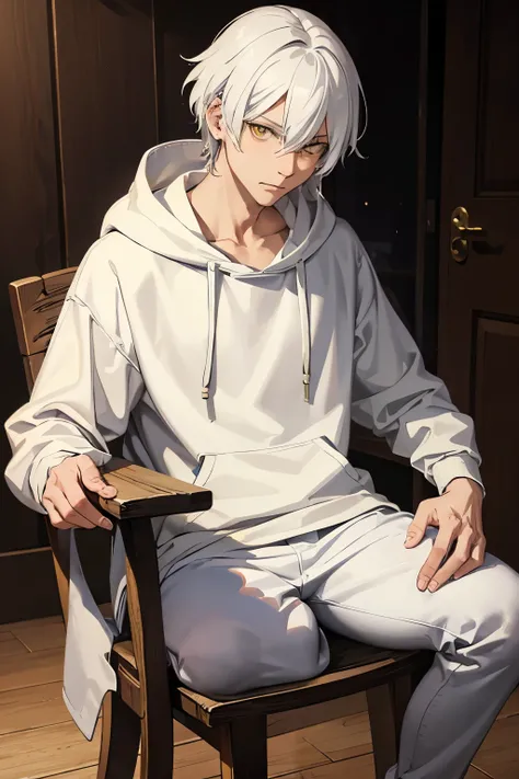 realistic anime, man with white hair, yellow eyes, wearing a hoodies, sitting on a wooden chair With a naughty expression, 4k quality, realistic, HD quality 