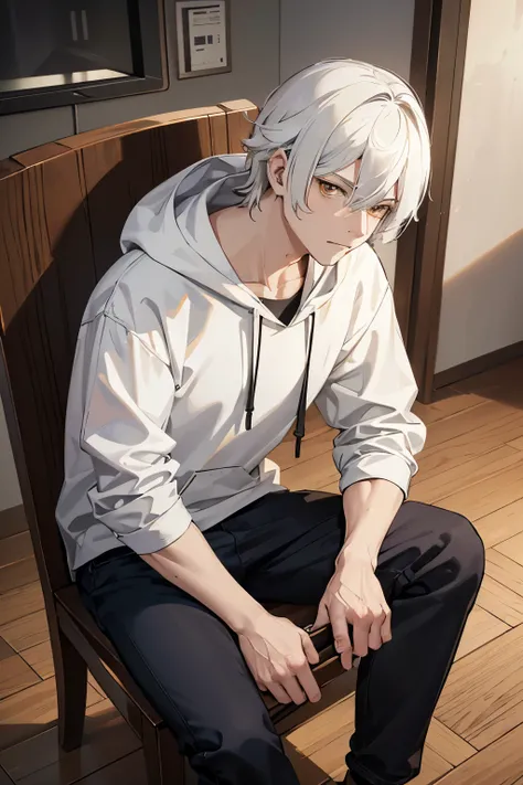 realistic anime, man with white hair, yellow eyes, wearing a hoodies, sitting on a wooden chair With a naughty expression, 4k quality, realistic, HD quality 