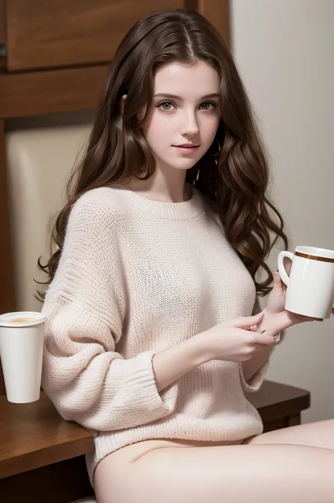 ((high resolution)), Athletic, ((pale skin)), (((very pale skin))), (white skin), rosy cheeks, pink lips, brunette, Millie Bobby Brown, long curly hair, fuzzy sweater, bare legs, bare bottom, smiling, holding coffee mug