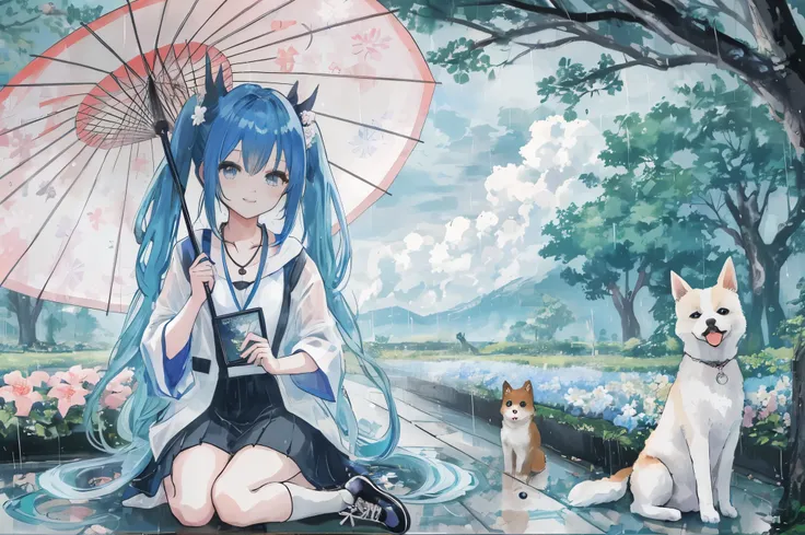 rainの中、anime girl with blue hair and black eyes, anime moe art style, anime style 4k, light blue long hair、 with twin tails、愛らしいsmile、Bigger in the center、dogと一緒にrainの中てわ遊んでいます、A flower garden(photograph),Flowers as far as the eye can see、rainが降っています、anima...