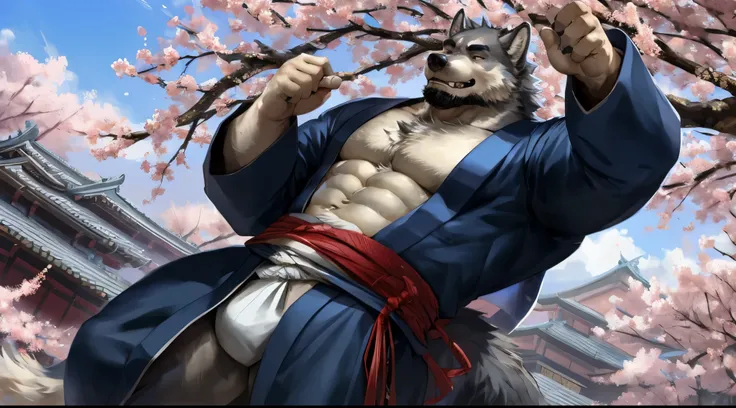 masterpiece,best quality, from high angle,kemono, anthro (wolf), male, (wolf), beard,middle-aged, gray body,white belly,muscular,japanese traditional clothes, white (fundoshi),((open) black formal kimono),,japanese building,look up to the sky,majestic,brut...