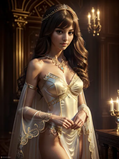 all intricate details: "((realistic, realissstic womaann,,Masterpiece, Best quality, High resolution), slim build, (dreamy atmosphere, Soft lighting),(1 character),(Mysterious expression, Elegant Pose),(loose hair, bright eyes),(magic costume, Delicate det...