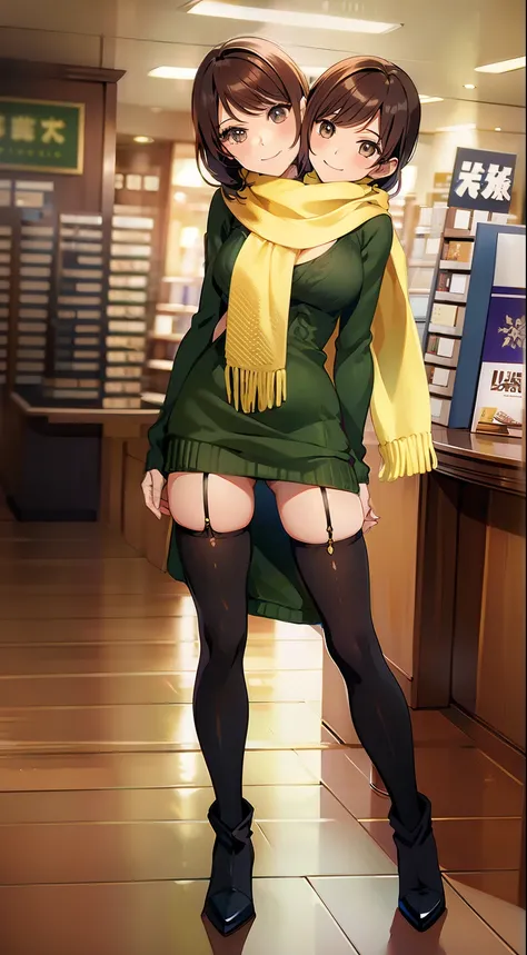 best quality, (masterpiece),(ultra-detailed), (high quality), (high resolution), (2heads:1.5) (brown hair), ((long sleeve winter sweater)), ((scarf)), best quality:1.5, highres, UHD, 4K), smiling, winter boots, winter pants, detailed hazel color eyes, (mat...