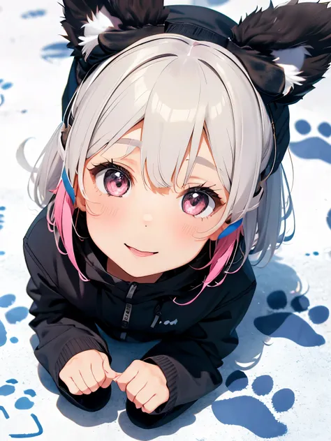 girl,((dog ears:1.3)),((Fancy and cute winter clothes)),Angle from above,((cute pose)),BREAK//((Animal footprints background:1.3)),((colorful:1.2)),((close up of face))