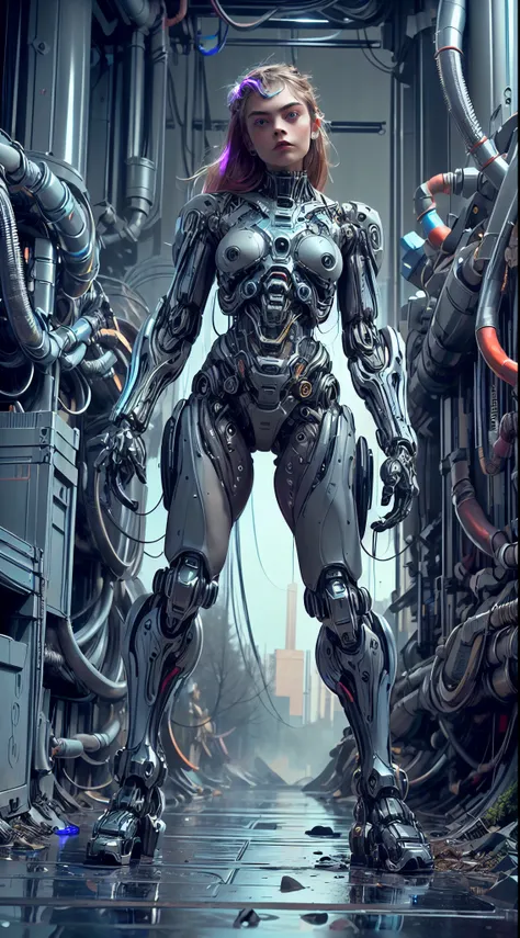 (1 girl), (beautiful cyborg queen looking at camera:1.25), (cara delevingne:1.25), (robotic mechanical physique:1.25), (full body pose:1.25), (covered in cables and mechanical muscles:1.25), (android muscular anatomy:1.25), (perfect fingers:1.25),(8k, RAW ...