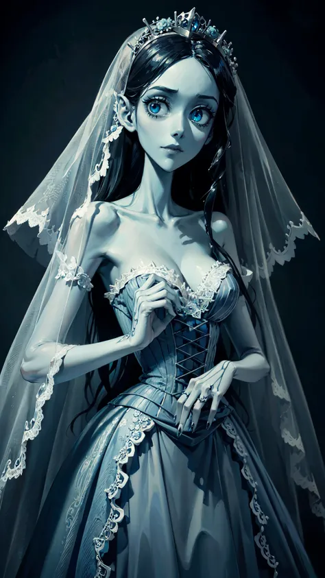 corpse bride, totally realistic, extremely detailed, perfect hands, full body, alone, always repeating the same face, always repeating the same appearance, always repeating the same proportions, always repeating the same outfit,