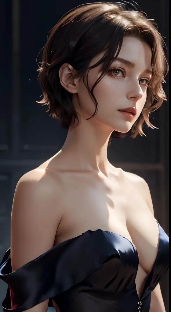 (silk dress:1.4)、look at the audience、cinematic lighting、perfection、soft light、High resolution skin:1.2、realistic skin texture、30 year old mature woman、small face、no makeup、off shoulder、Bust B Cup、exposed cleavage、red eyes、short hair、dark brown hair、full n...