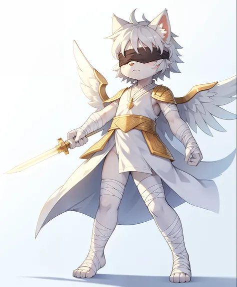 Furry shota, cat, white body fur, spiky hairstyle, silver hair, ((blindfolded, body bandages, white toga with golden pattern)), white wings, angel, full body, feets whit three toes, :3, detailed body fur, detailed body, detailed face, glistering body, shin...