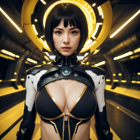 robot, Japanese,dress,open mouth ,without bra,nipples,8K, RAW, best quality, masterpiece, ultra high res, colorful, (medium wide shot), (dynamic perspective), sharp focus ,depth of field, 1girl,solo, beautiful detailed girl, extremely detailed eyes and fac...