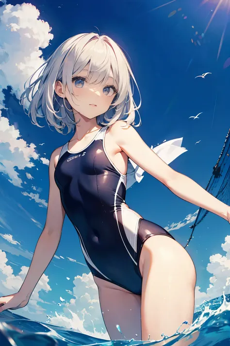 High quality、highest quality、complete limbs、Ultra high definition、Shining eyes、Full hands and fingers、slender beauty、Wearing a torn white school swimsuit、white skin