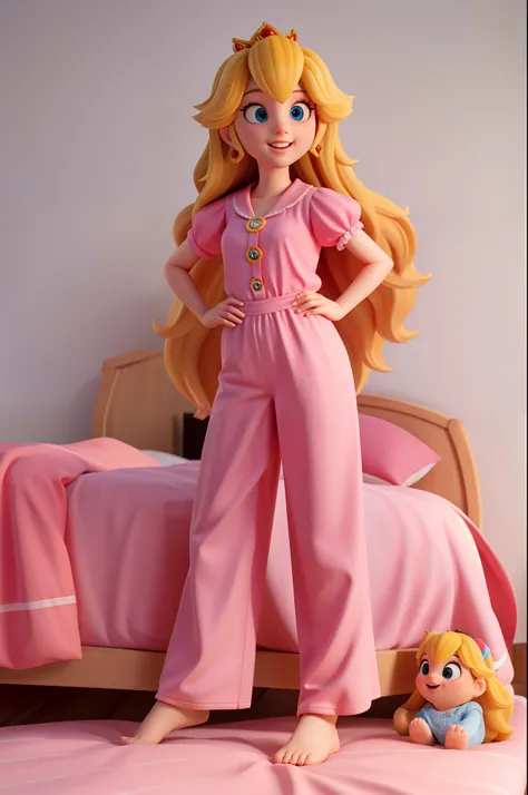 princess peach,pijamas ajustados, vista de la entrepierna,cama