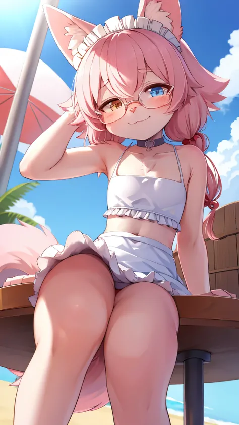 cat furry girl,pink fur,maid bikini,small apron,maid headdress,glasses,neck fur,pubic fur,blue sky,sit on round table,crossed leg,beach umbrella,serving juice,full face blush,close eye,:3,looking at viewer,low angle