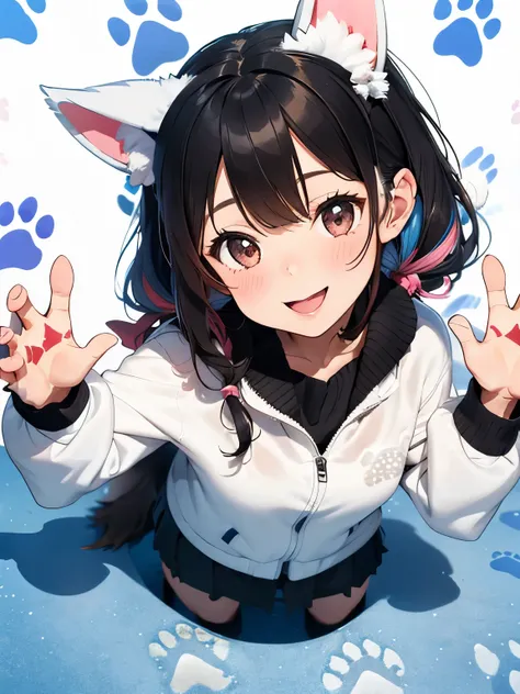 girl,((dog ears:1.3)),((Fancy and cute winter clothes)),Angle from above,((cute pose)),BREAK//((Animal footprints background:1.3)),((colorful:1.2)),((close up of face))