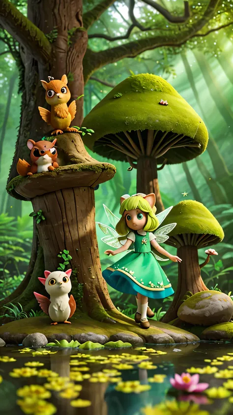 Sparkle,a young girl with long golden hair,her eyes twinkling with curiosity,wearing a flowing dress made of shimmering silk,gracefully walks into a sun-dappled enchanted forest. Surrounded by ancient, towering trees with emerald green leaves that glisten ...