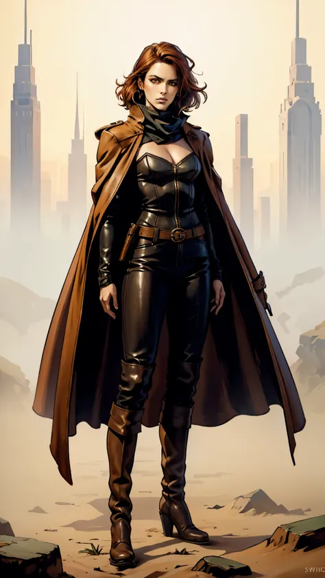 A woman with short reddish-brown hair, a determined gaze, her upper body is enveloped in a heavy cloak with leather accents, the cloak covers the lower half of her face, a tight-fitting long leather trench coat with ethnic-style details at the hem undernea...