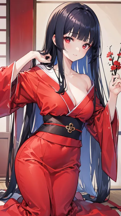 (8K、Highest image quality、highest quality、masterpiece)、detailed face、1 girl、black hair、hime cut、long hair、red eyes、smile、big breasts、red kimono、whole body、seiza、cross arms in front、Japanese room background background
