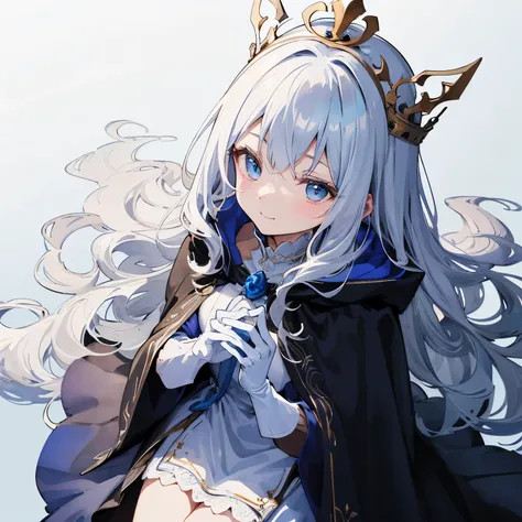 white and blue motif, wavy hair、 long hair, beautiful hair,  Cool cute and cool composition, Depth of bounds written、beautiful, Soft Illustration, watercolor style, Fluffy smile、Queen、queen&#39;s crown、dress with lots of fabric、cloak、青いcloak、cloakにファー、lady...