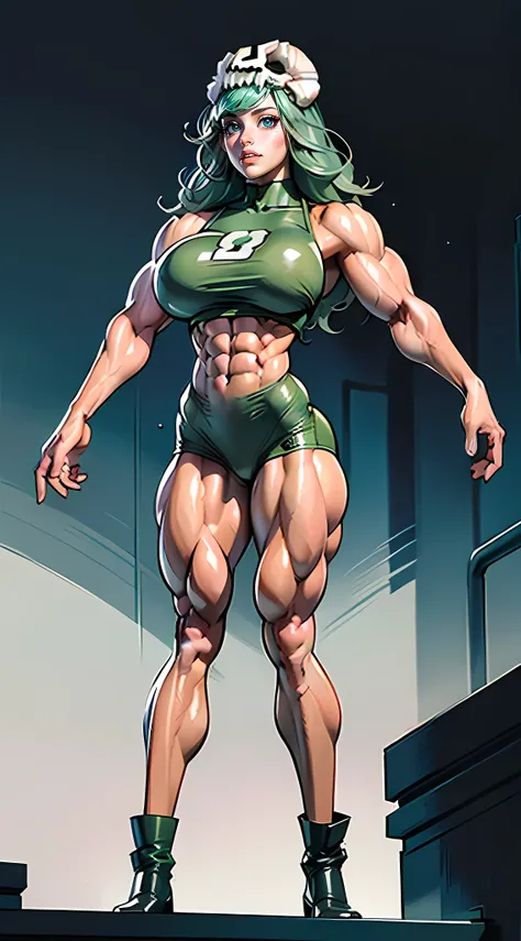 ((Masterpiece)), ((Best Quality)), ((Solo)), ((alone)), ((1girl)), odelschwanck, green hair,(skull),torn clothes, (underskirt), (puffy lips:1.4), (((accurate anatomy))), (((Huge breasts))), ((long legs)), ((wide hips)), ((((Muscular Legs)))), (((Massive Fe...