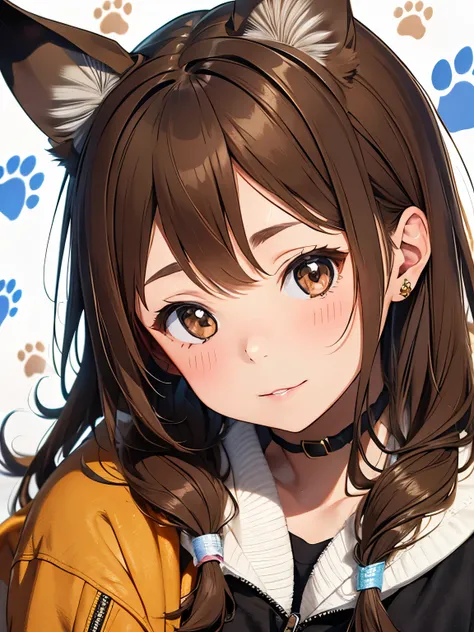 girl,((light brown hair:1.2)),((dog ears:1.3)),((Fancy and cute winter clothes)),((cute pose)),BREAK//((Animal footprints background:1.3)),((colorful:1.2)),((close up of face))