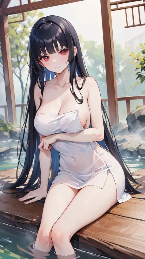 (8K、Highest image quality、highest quality、masterpiece)、detailed face、1 girl、black hair、hime cut、long hair、red eyes、smile、big breasts、((naked towel))、sitting、Wooden bath、hot spring background