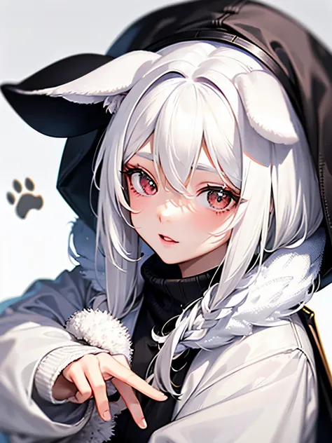 girl,((white hair:1.2)),((dog ears:1.3)),((Fancy and cute winter clothes)),((cute pose)),BREAK//((Animal footprints background:1.3)),((colorful:1.2)),((close up of face))