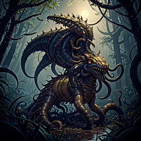 an eldritch horror with many tentacles and many insect eyes crawls through the forest, it has a single golden unicorn horn protr...