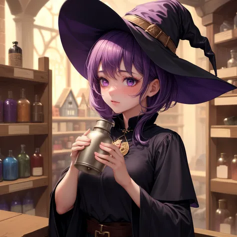 (best quality:1.1), (masterpiece:1.2), (solo), ((only upper body)), (purple eyes), (short purple hair), ((black witch clothes, witch hat)), (blushed), holding a flask, ((medieval shop interior background))