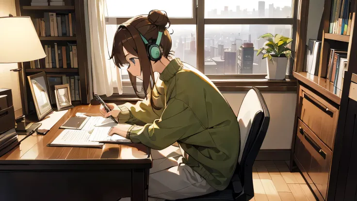 「At a desk by the window overlooking the night cityscape」.、A person wearing headphones and writing in a notebook。the person is wearing a green sweater、her brown hair is tied in two buns.。On the left side of the desk is an open laptop.、you can&#39;I can&#39...