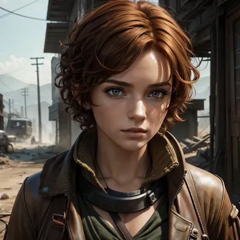 highly detailed, woman, light auburn hair, short curly hair, post-apocalyptic world