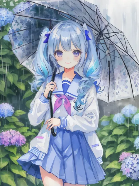 a cute high school girl drawn in watercolor.. light blue long hair、twin tails、adorable smile、the painting features a rainy day, ...