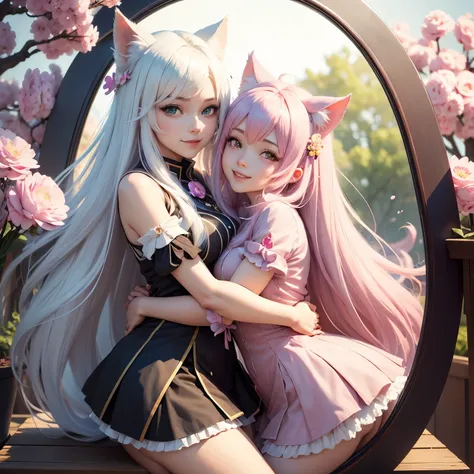 Anime, Profile Picture, 2 persons, 2 people, best friends, funny picture, hug, league of legends, long hair, seraphine white hair, seraphine no cat ears, ahri pink hair, ahri with ears, spirit blossom, sakura tree, smiling, happy, hugging each other, takin...