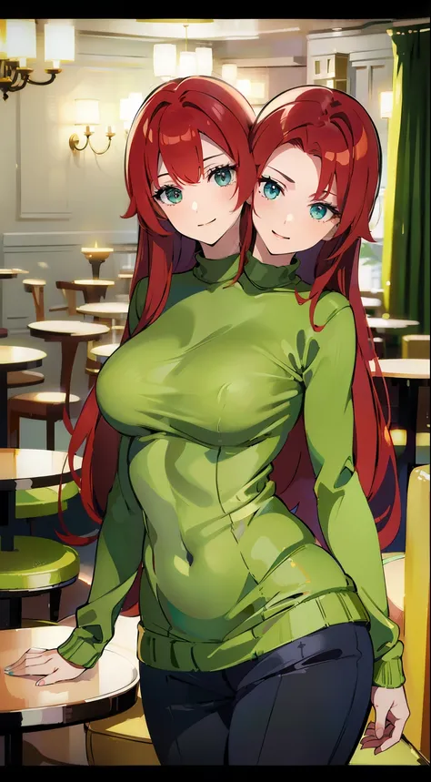 best quality, (masterpiece),(ultra-detailed), (high quality), (high resolution), (2heads:1.5) (red hair), ((green sweater with long sleeves)), best quality:1.5, highres, UHD, 4K), smiling,l, (black pants), detailed blue color eyes, (mature woman), casual d...