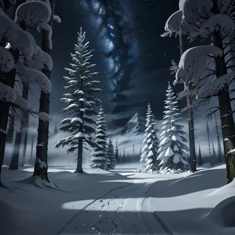 (best quality,4k,8k,highres,masterpiece:1.2),ultra-detailed,vivid colors,sharp focus,nighttime view of an expansive snowy forest,extremely cold weather,cool color palette with blue tones,distant view of mountains,serene and quiet atmosphere,detailed snow-c...