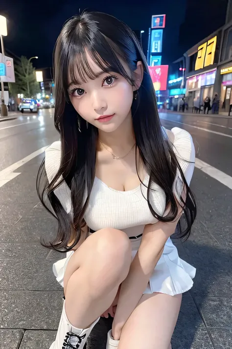 (8K, RAW photo:1.2)detailed face and eyes,highest quality, ultra high resolution, very detailed ,intricate details ,Cute girl about 20 years old, hyper detail,focus clearly on the chest, （beautiful black hair）, （long hair）, ｟white fluffy knit clothes｠、｟min...