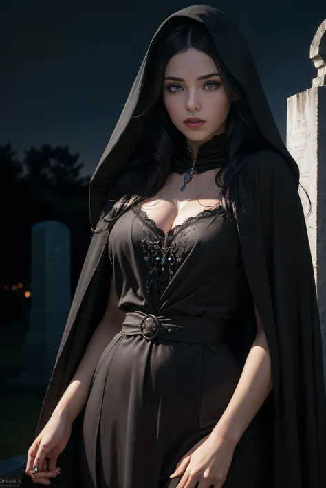 (Best Quality, (High resolution:1.2), Ultra-detailed, Realistic portrait, female necromancer, long black cloak, beautiful face, purple eyes, dark background, cemetery, depth of field, long black hair, night time