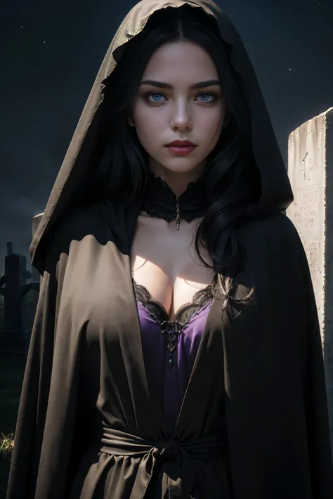 (Best Quality, (High resolution:1.2), Ultra-detailed, Realistic portrait, female necromancer, long black cloak, beautiful face, purple eyes, dark background, cemetery, depth of field, long black hair, night time, evil expression