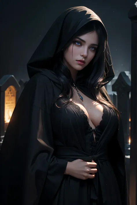 (Best Quality, (High resolution:1.2), Ultra-detailed, Realistic portrait, female necromancer, long black cloak, beautiful face, purple eyes, dark background, cemetery, depth of field, long black hair, night time, evil expression