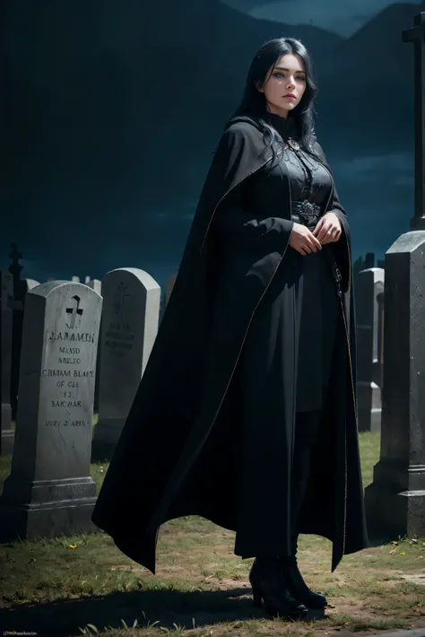 (Best Quality, (High resolution:1.2), Ultra-detailed, Realistic portrait, female necromancer, long black cloak, beautiful face, dark background, cemetery, depth of field, long black hair, night time, full body, blue eyes