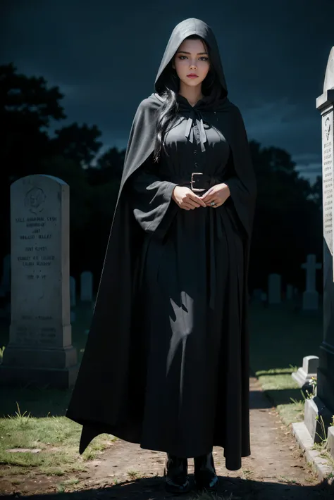 (Best Quality, (High resolution:1.2), Ultra-detailed, Realistic portrait, female necromancer, long black cloak, beautiful face, dark background, cemetery, depth of field, long black hair, night time, full body, blue eyes