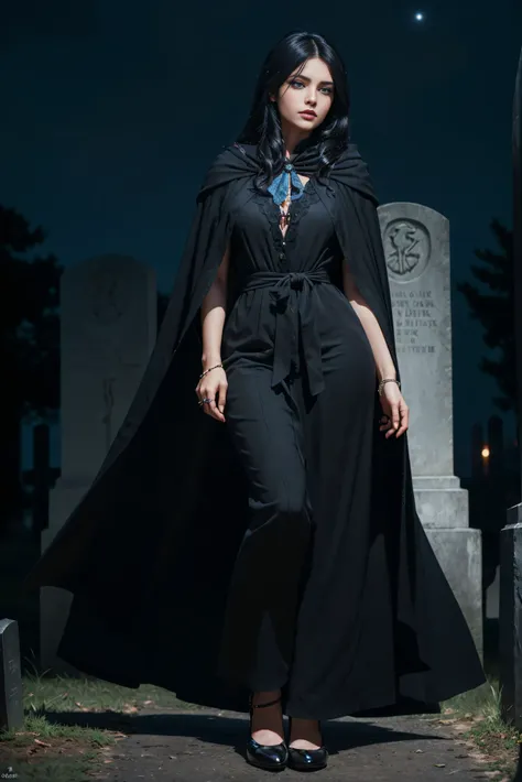 (Best Quality, (High resolution:1.2), Ultra-detailed, Realistic portrait, female necromancer, long black cloak, beautiful face, dark background, cemetery, depth of field, long black hair, night time, full body, blue eyes