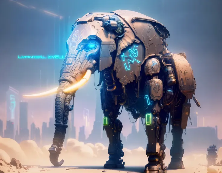 Cyberpunk, Mechanical elephant，Luminous neon lamp, ( Global illumination, raytracing, HDR, unreal render,reasonable design, high detailed, masterpiece, best quality, UHD, Cinematic Lighting),GlowingRunes_paleblue