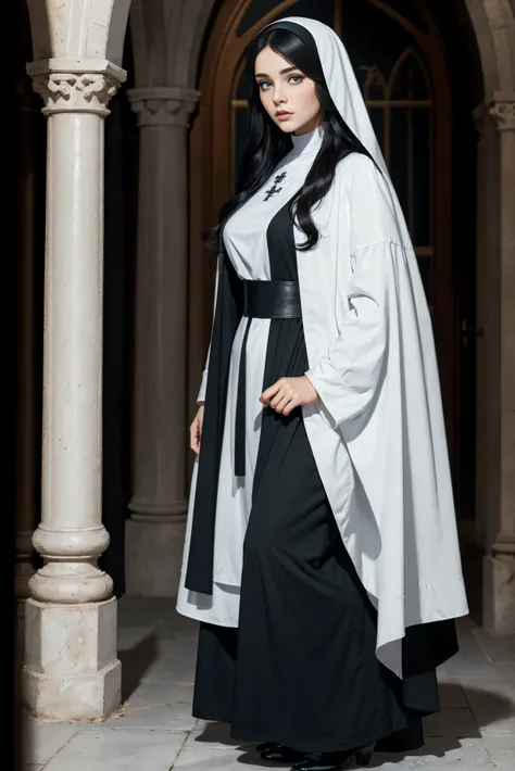 (Best Quality, (High resolution:1.2), Ultra-detailed, Realistic portrait, beautiful nun, large hood, white and black cloak, beautiful face, inside a church, full body, standing, long black hair, blue eyes