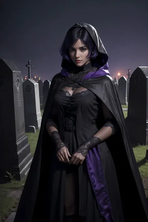 (Best Quality, (High resolution:1.2), Ultra-detailed, Realistic portrait, female necromancer, long black cloak, beautiful face, dark background, cemetery, depth of field, short black and purple hair, night time, full body